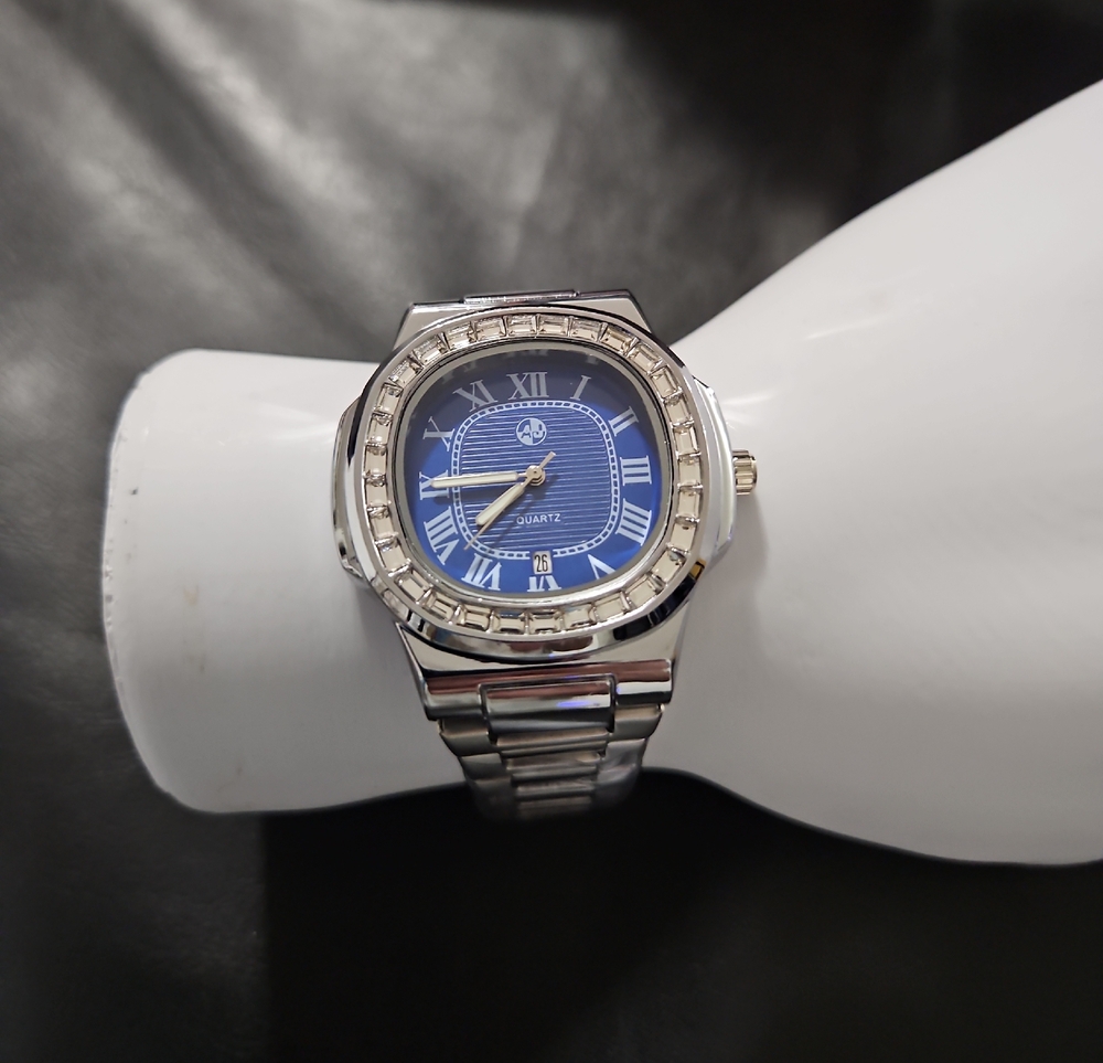 Men's A J Brand Silver-Tone Stainless Steel Watch with Blue Dial